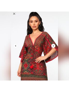 NWT Fashion Nova Bohemian Red and Green Patterned Medium Size Maxy Dress